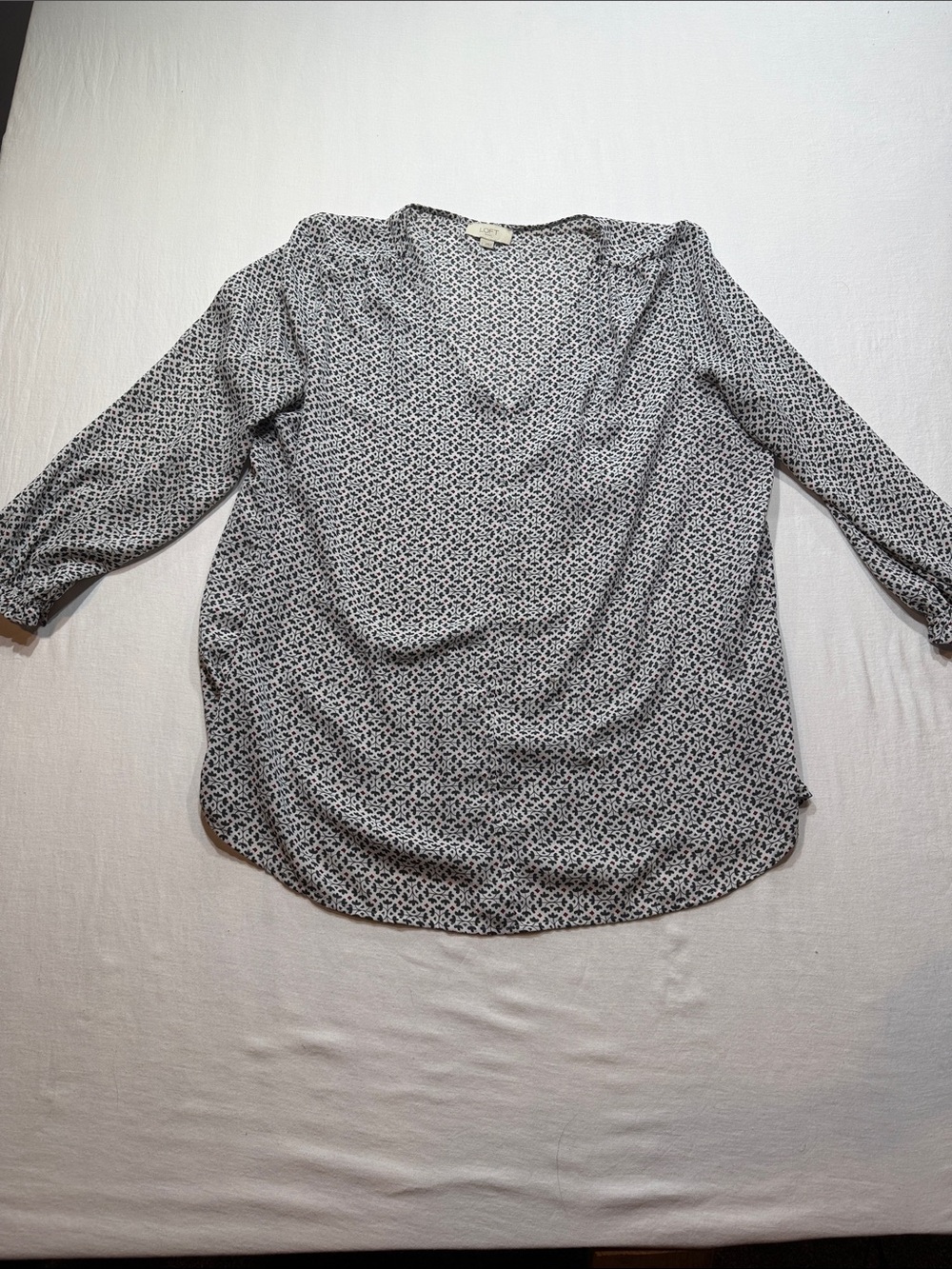 LOFT dark gray, White, burgundy Printed V-Neck Blouse, business teacher